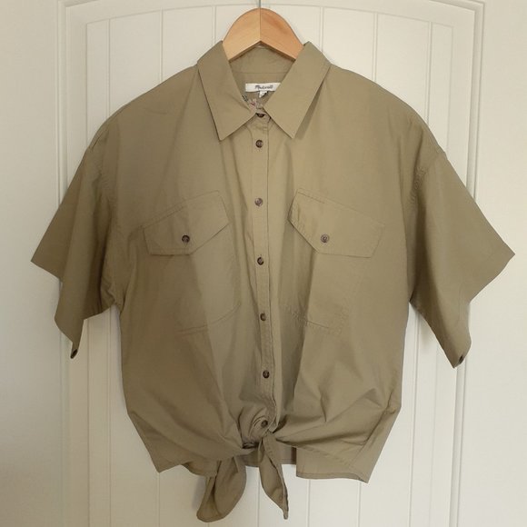 Madewell Tie Front Safari Shirt with Embroidery Khaki Tan Size L - Picture 1 of 11